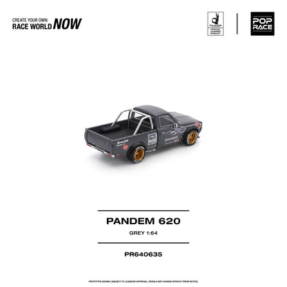 Pop Race 1:64 Pandem Datsun 620 Pickup Grey PR640635 rear three-quarter view featuring gold wheels, racing decals, open truck bed, and chrome roll bar.