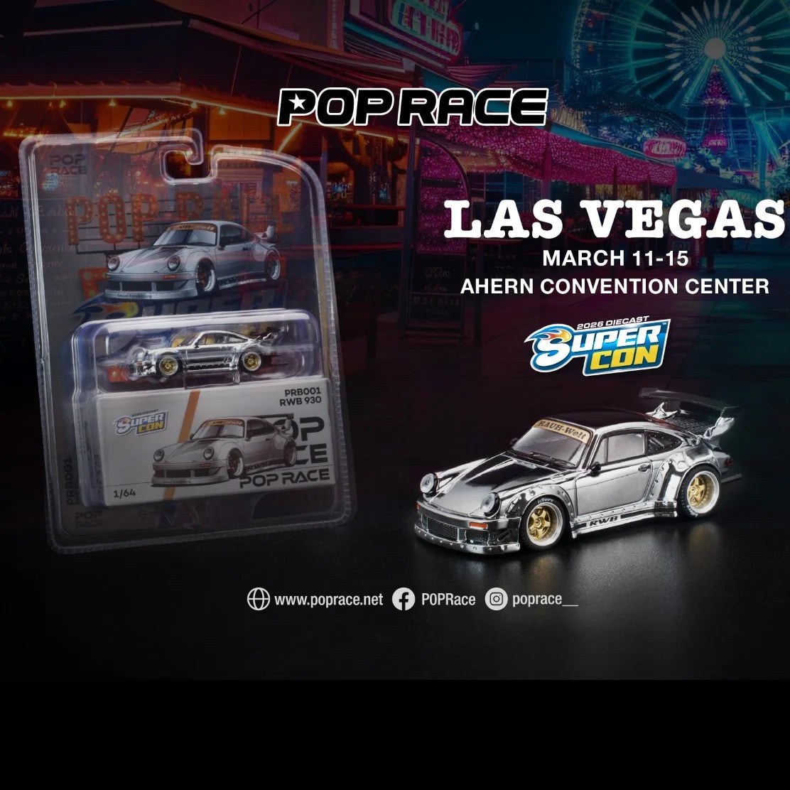 Promotional image for Pop Race event in Las Vegas with rwb model cars and packaging.