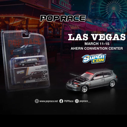 Promotional image for Pop Race event in Las Vegas with model cars and packaging.