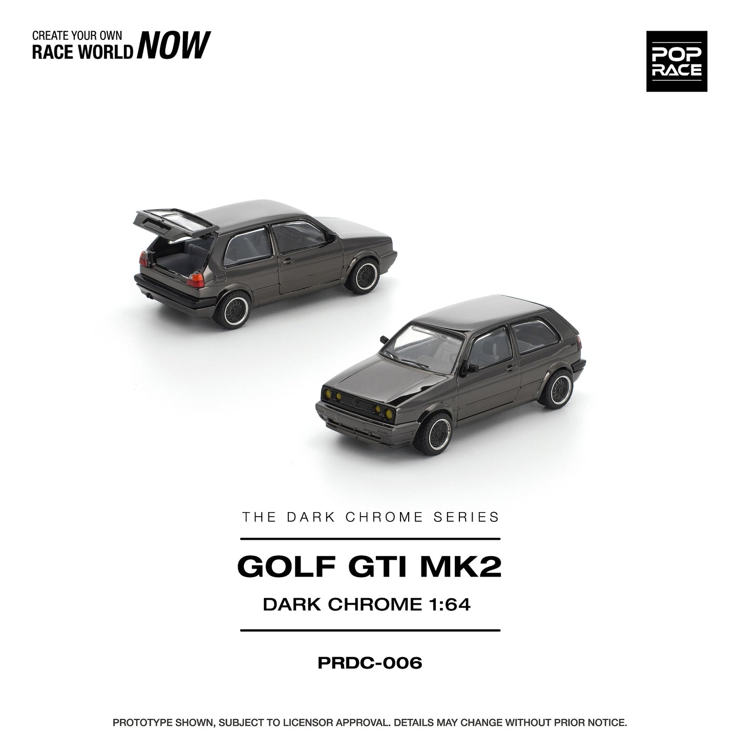 Model of a Golf GTI MK2 in dark chrome finish on a white background with branding text.