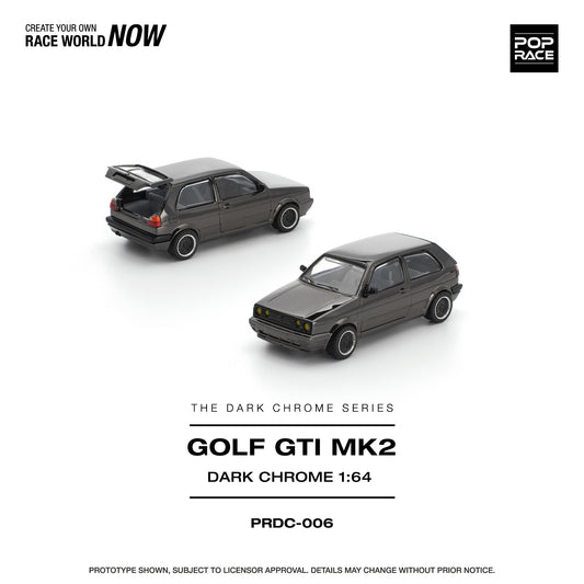 Model of a Golf GTI MK2 in dark chrome finish on a white background with branding text.