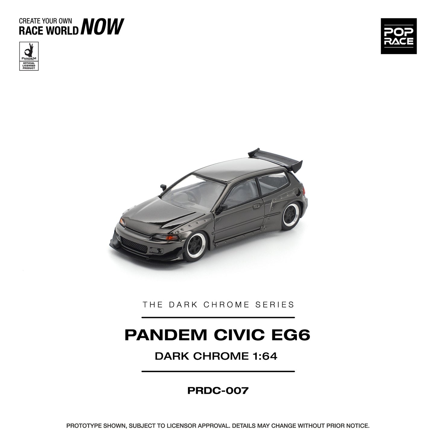 Model car of a Pandem Civic EG6 in dark chrome finish on a white background