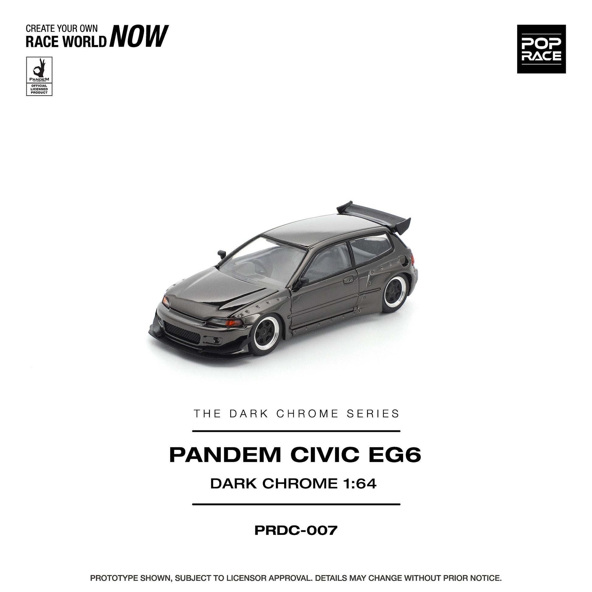 Model car of a Pandem Civic EG6 in dark chrome finish on a white background