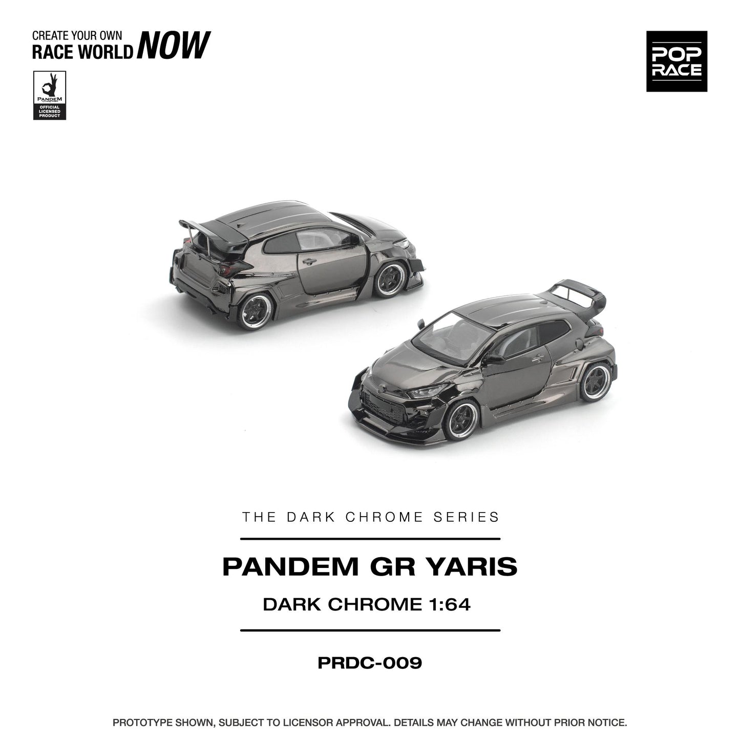 Two model cars from the Pandem GR Yaris Dark Chrome series on a white background with branding elements.