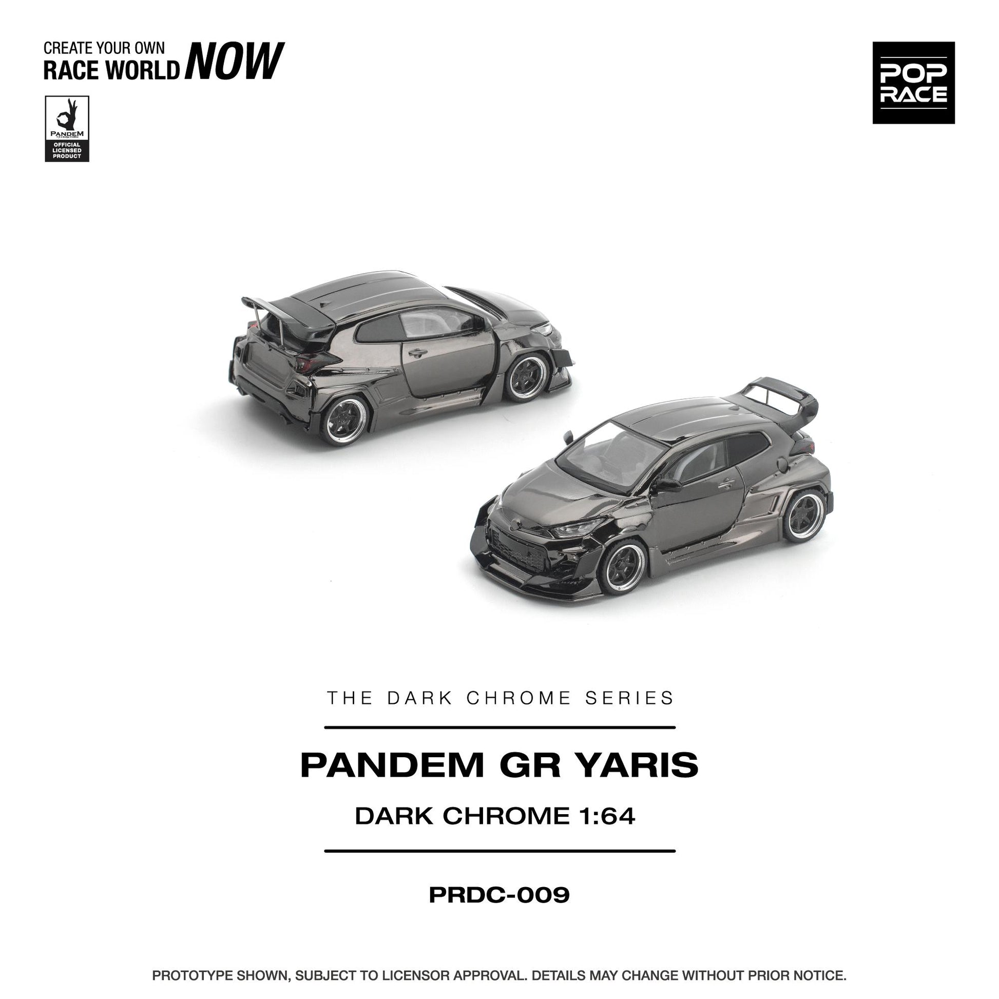 Two model cars from the Pandem GR Yaris Dark Chrome series on a white background with branding elements.