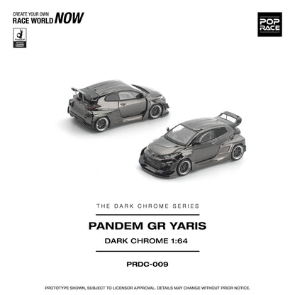 Two model cars from the Pandem GR Yaris Dark Chrome series on a white background with branding elements.