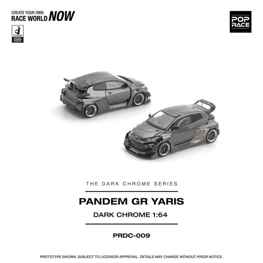 Two model cars from the Pandem GR Yaris Dark Chrome series on a white background with branding elements.