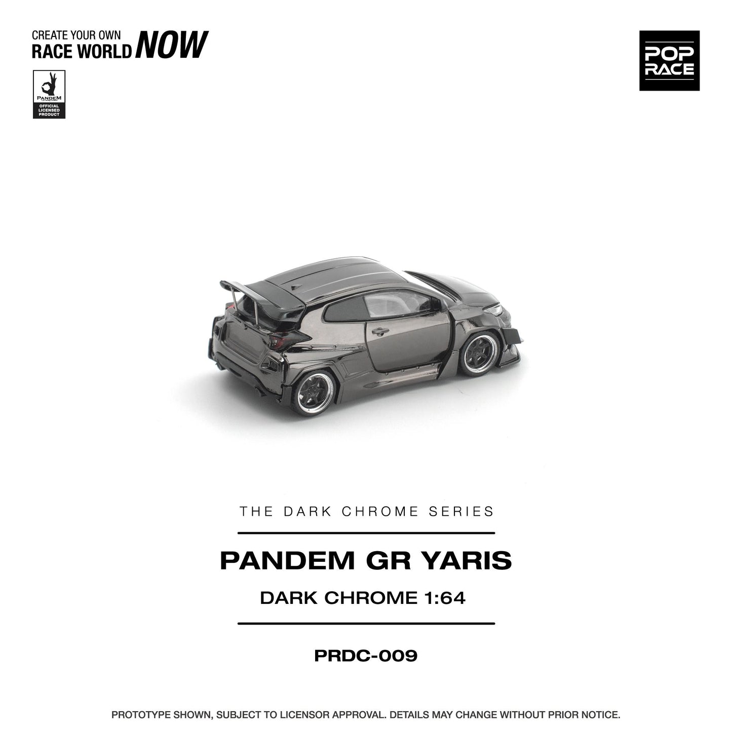 Model car of Pandem GR Yaris in dark chrome finish on a white background with branding elements.