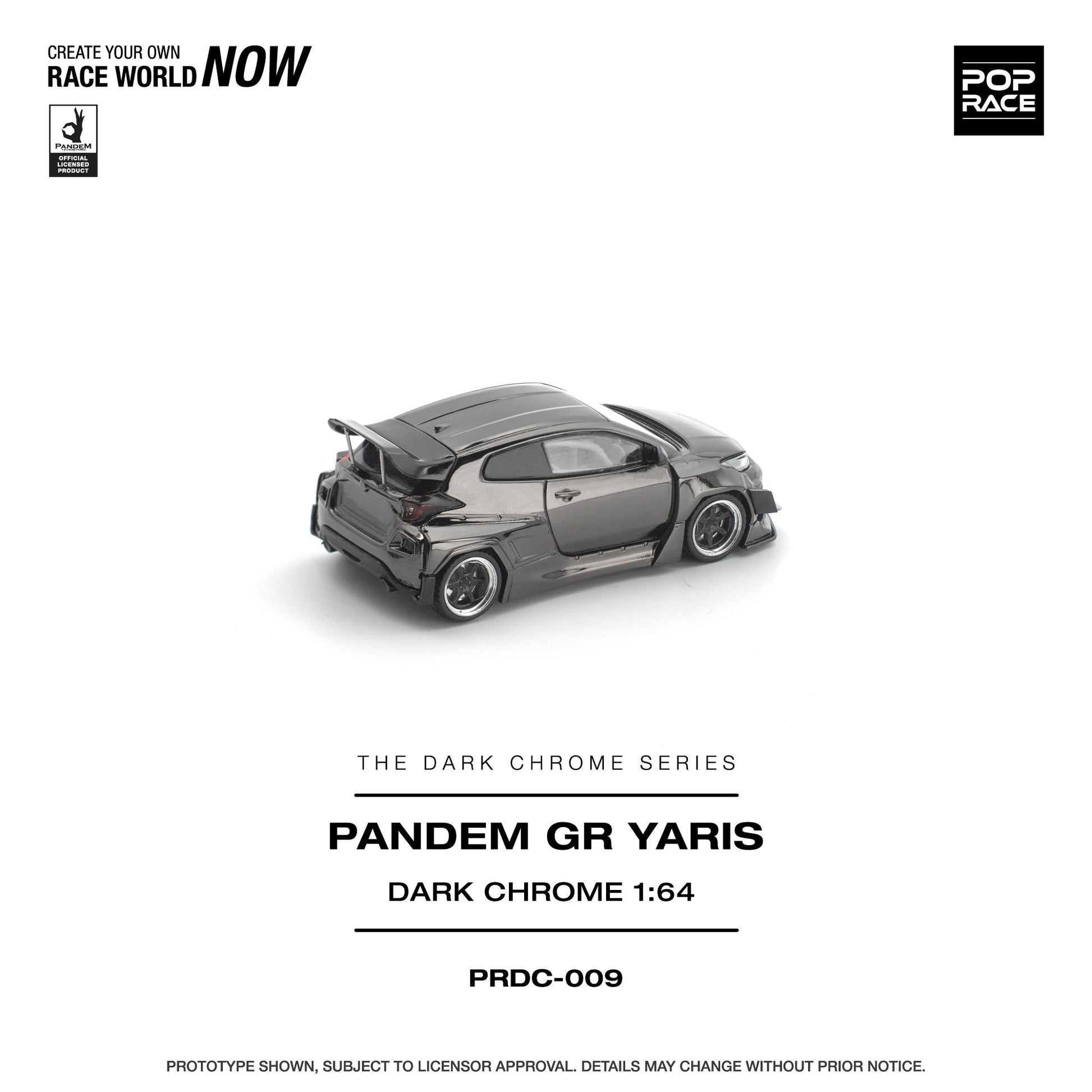 Model car of Pandem GR Yaris in dark chrome finish on a white background with branding elements.