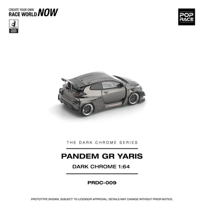 Model car of Pandem GR Yaris in dark chrome finish on a white background with branding elements.