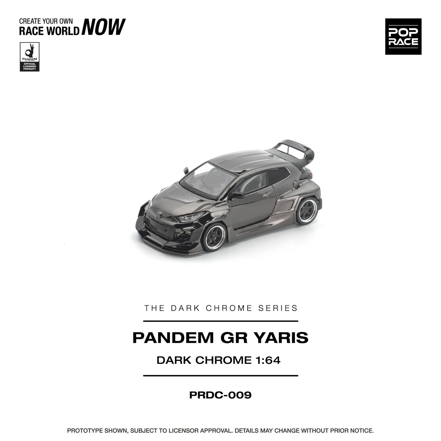 Model car of Pandem GR Yaris in dark chrome finish on a white background