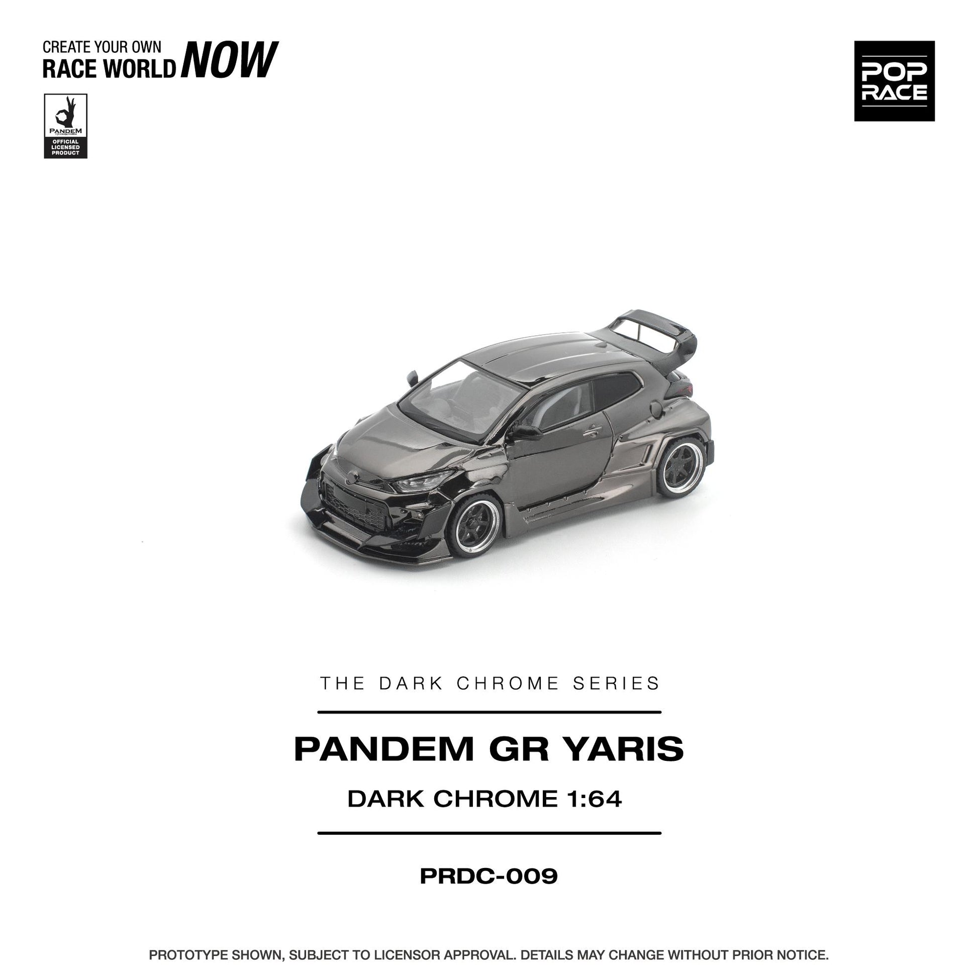 Model car of Pandem GR Yaris in dark chrome finish on a white background