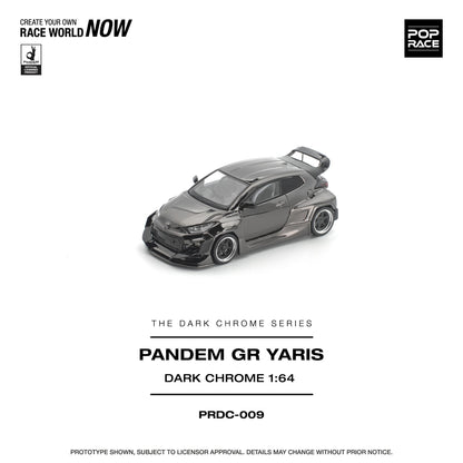 Model car of Pandem GR Yaris in dark chrome finish on a white background
