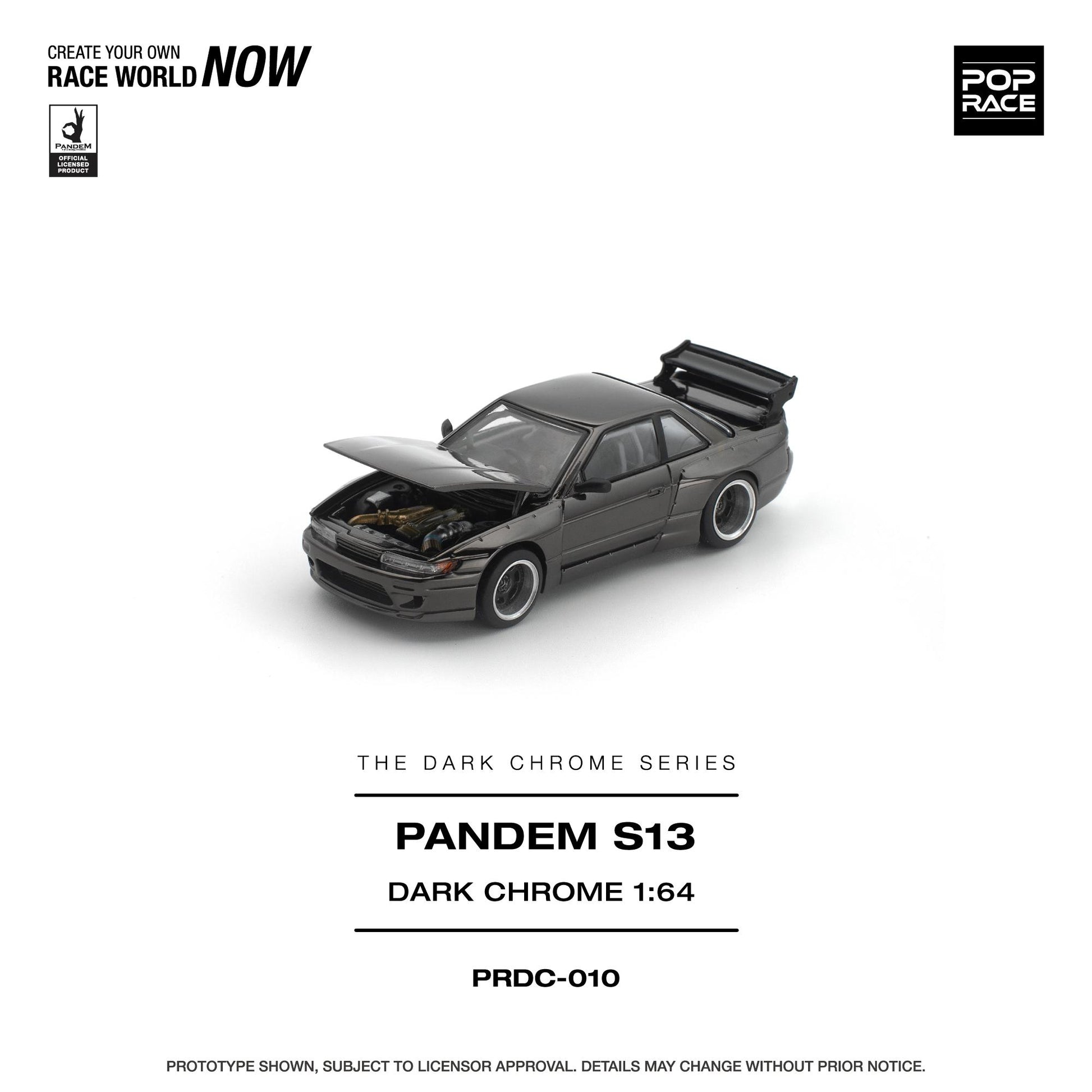 Model car of a Pandem S13 in dark chrome finish on a white background with branding elements.
