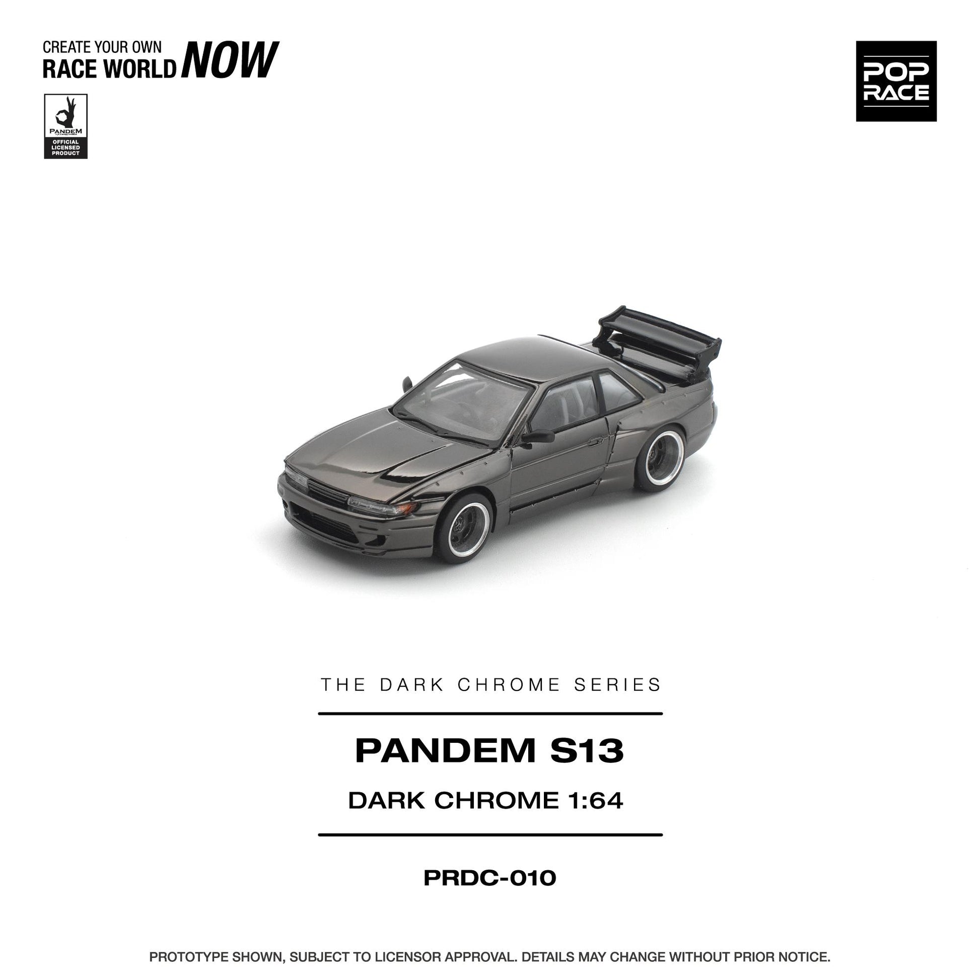 Model car of a Pandem S13 in dark chrome finish on a white background with branding and text.