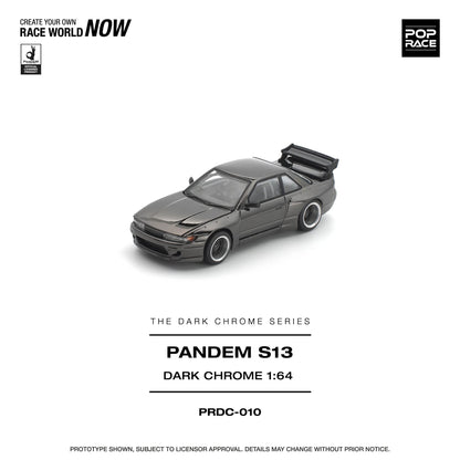 Model car of a Pandem S13 in dark chrome finish on a white background with branding and text.
