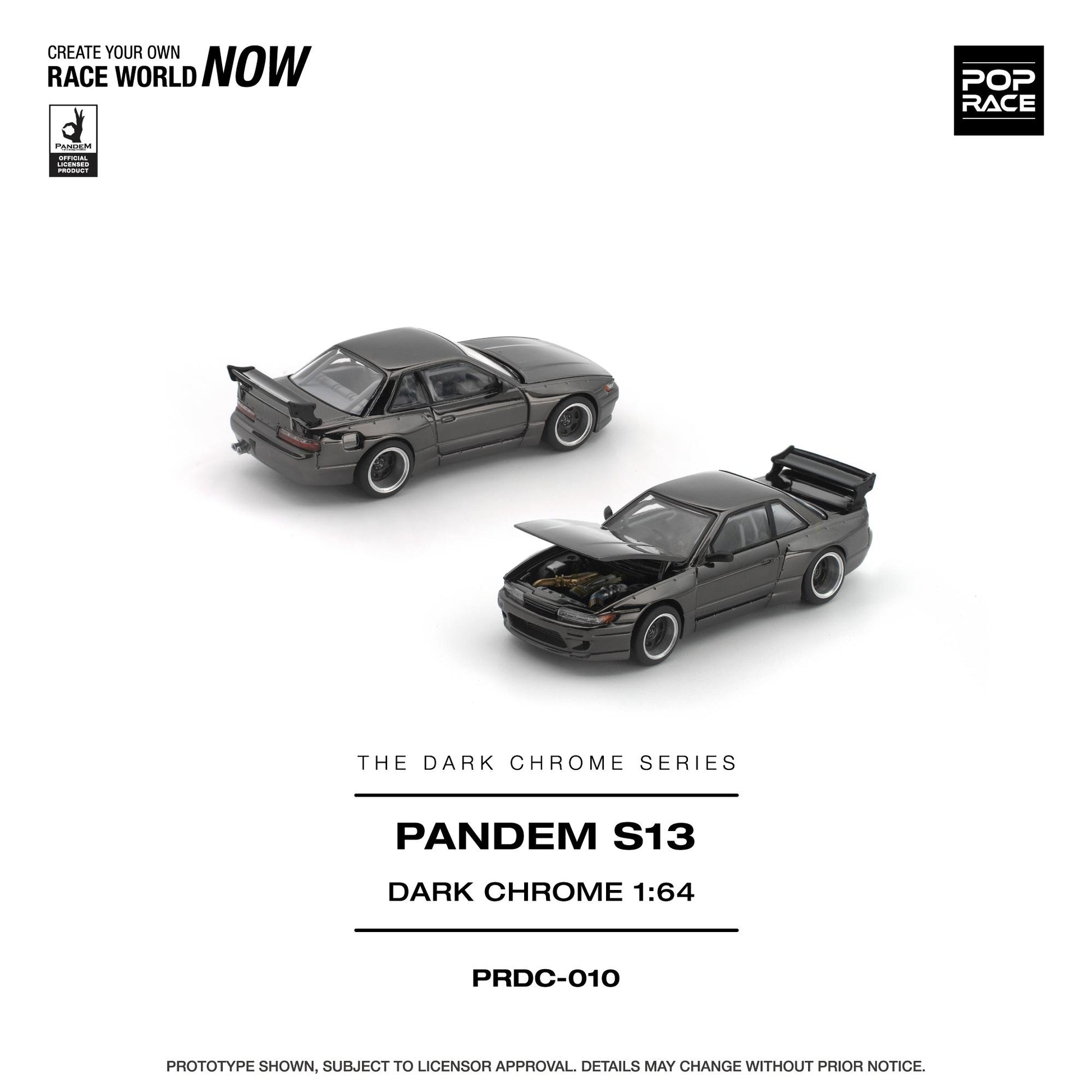 Two model cars from the Pandem S13 Dark Chrome series on a white background with branding and product details.