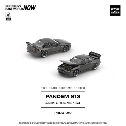 Two model cars from the Pandem S13 Dark Chrome series on a white background with branding and product details.