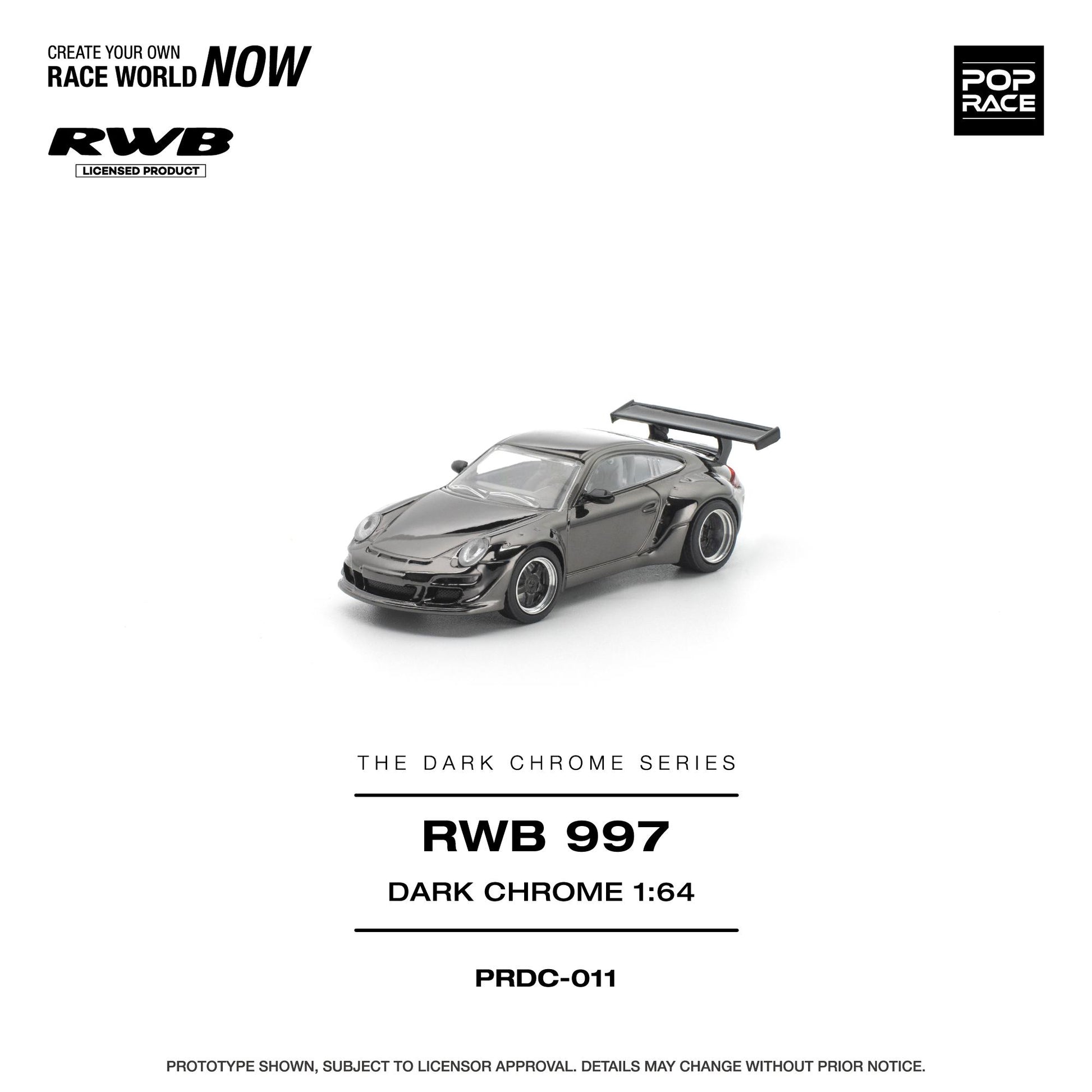 Model car of RWB 997 in dark chrome finish on a white background