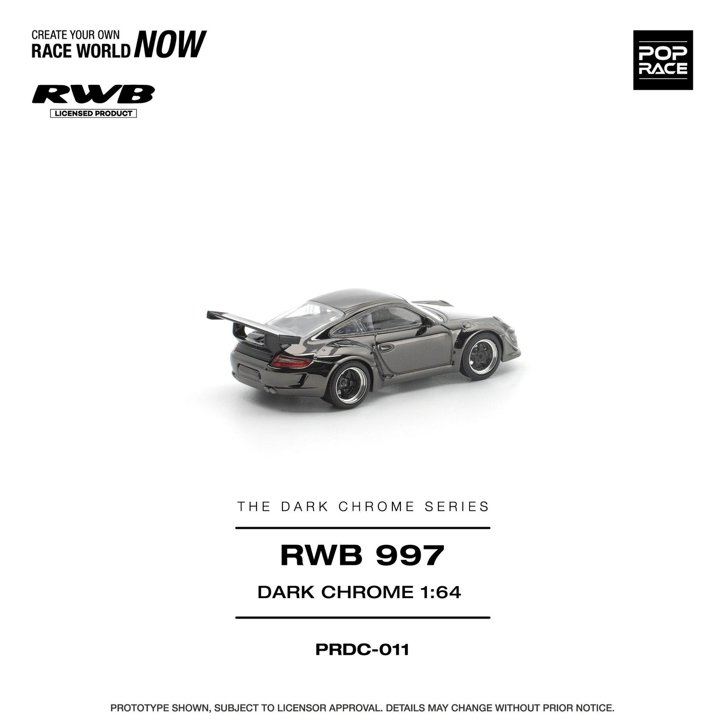 Model car of a Porsche 997 in dark chrome finish on a white background with branding and product details.