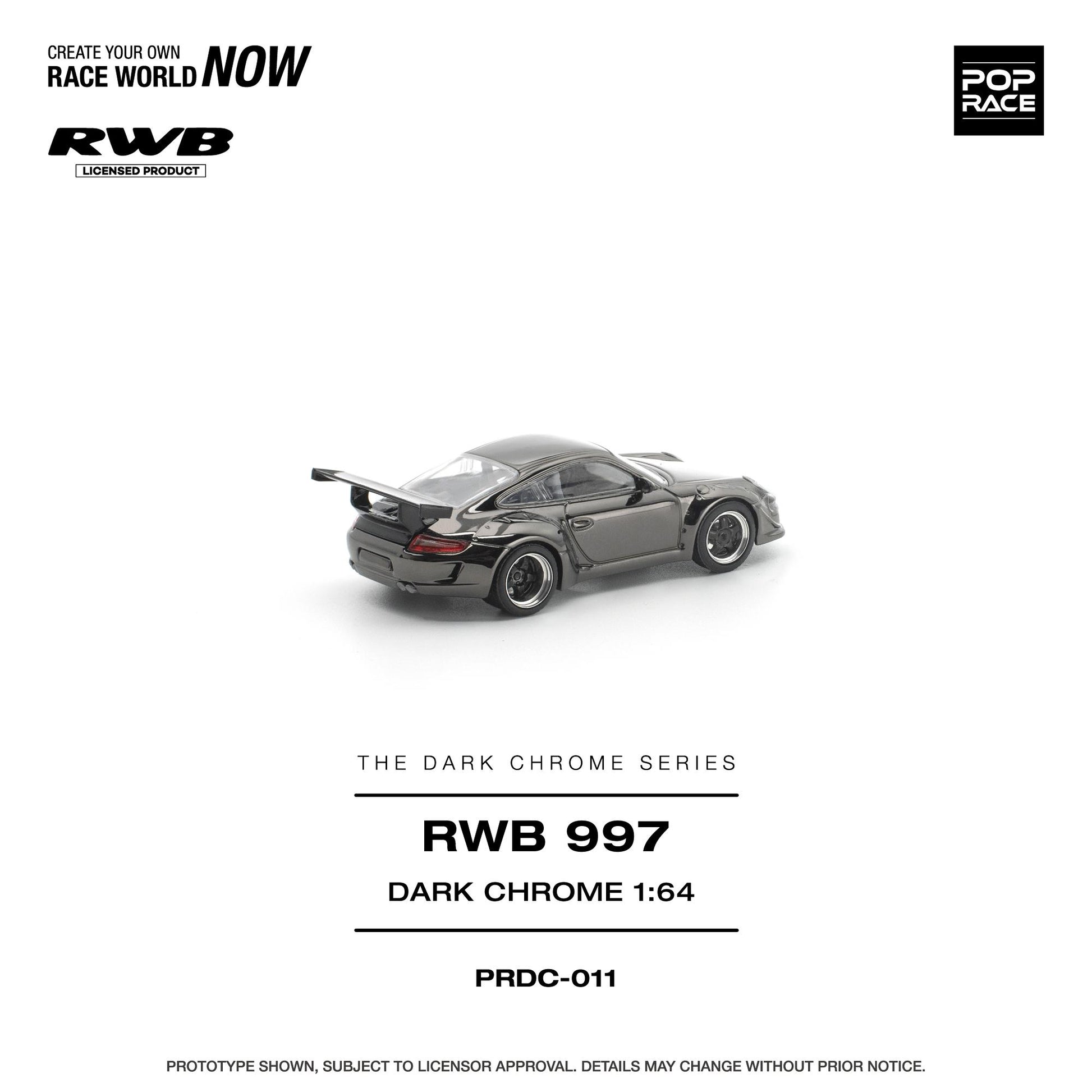 Model car of a Porsche 997 in dark chrome finish on a white background with branding and product details.