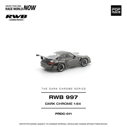 Model car of a Porsche 997 in dark chrome finish on a white background with branding and product details.