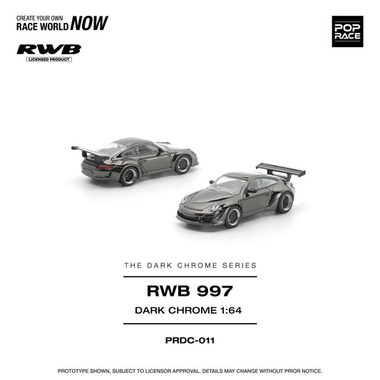 Two dark chrome model cars on a white background with 'RWB' and 'Pop Race' branding.