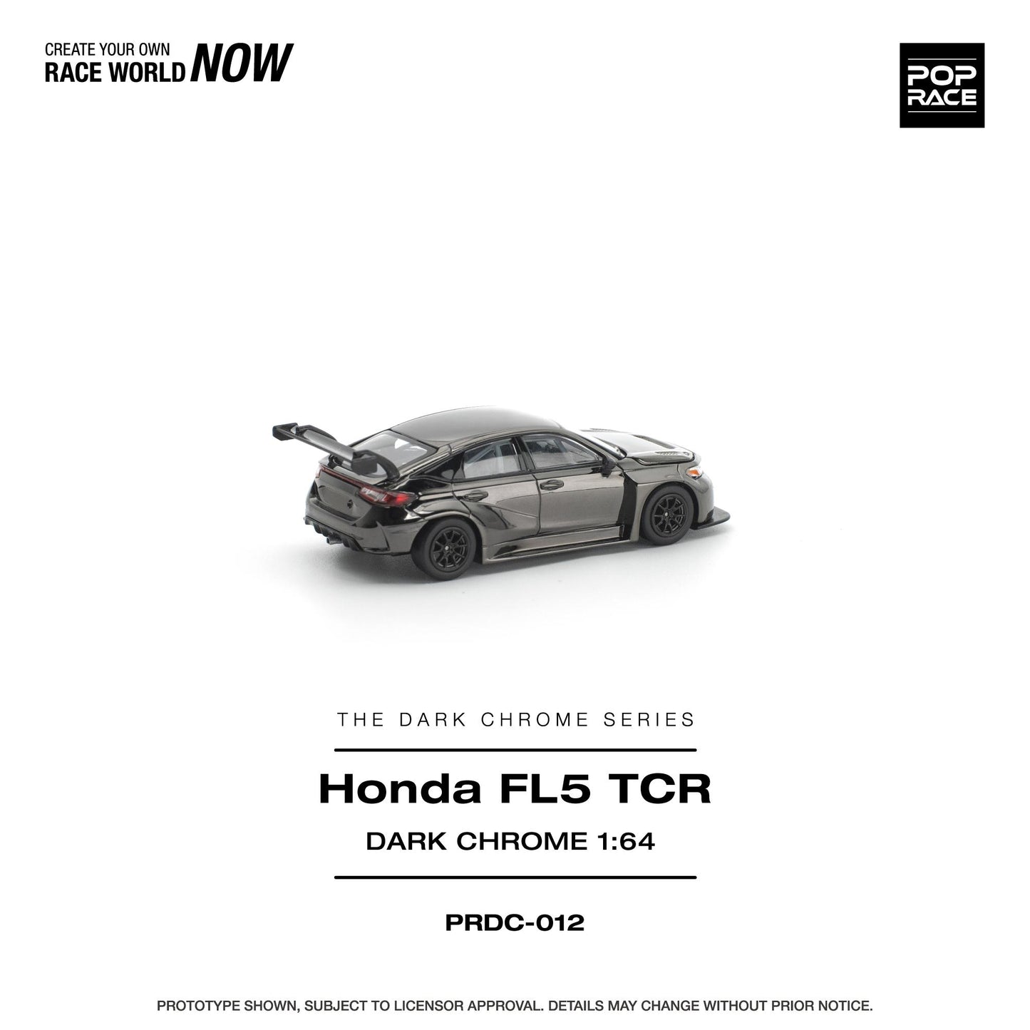 Model car of Honda FL5 TCR in dark chrome finish on a white background