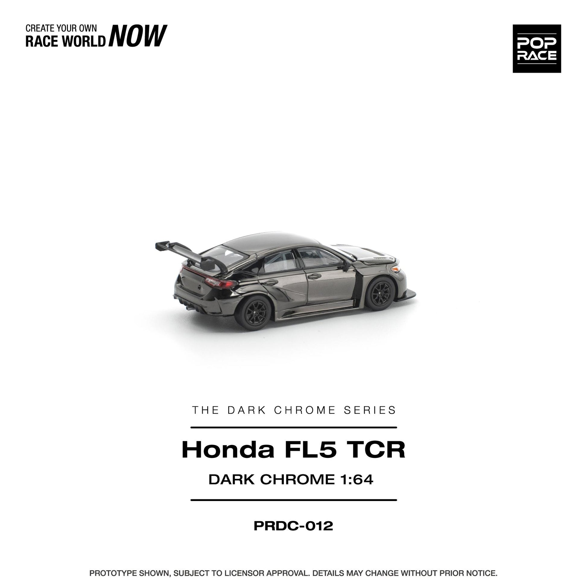 Model car of Honda FL5 TCR in dark chrome finish on a white background