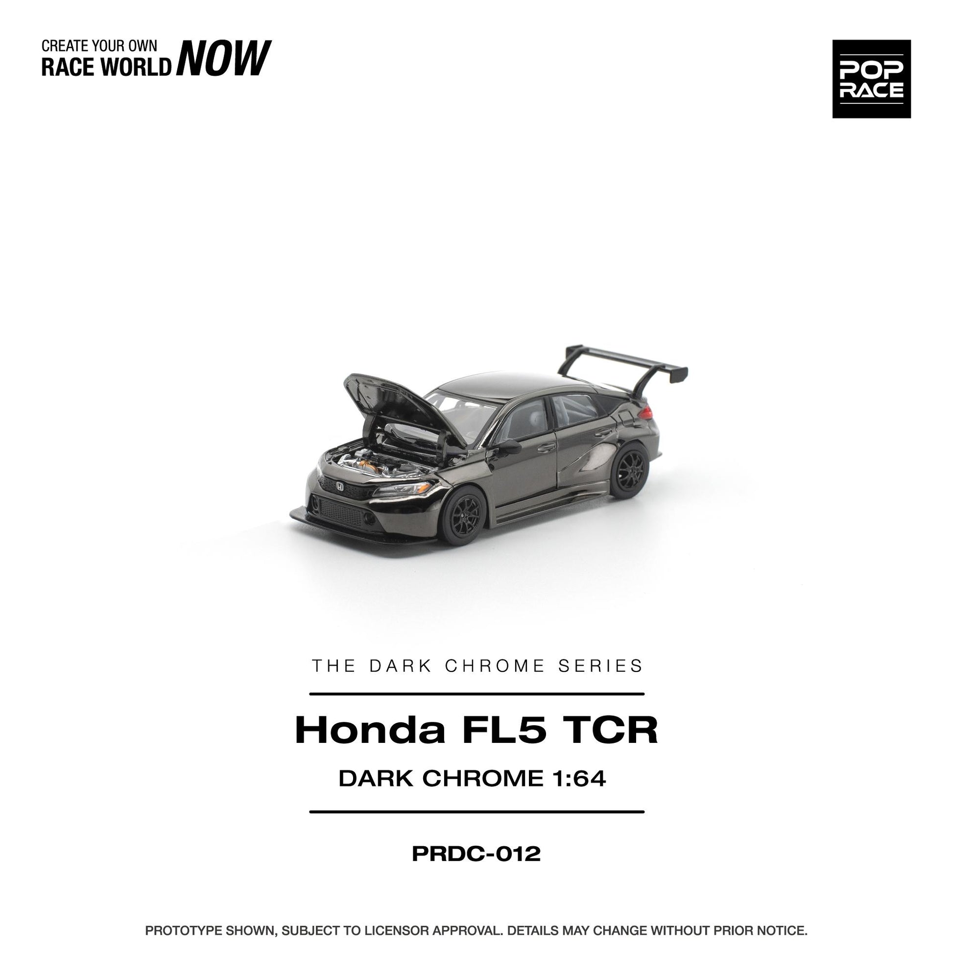 Model car of Honda FL5 TCR in dark chrome finish on a white background