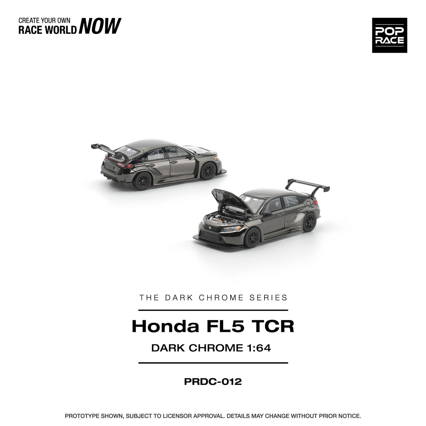 Model car of Honda FL5 TCR in dark chrome finish on a white background with Pop Race branding.
