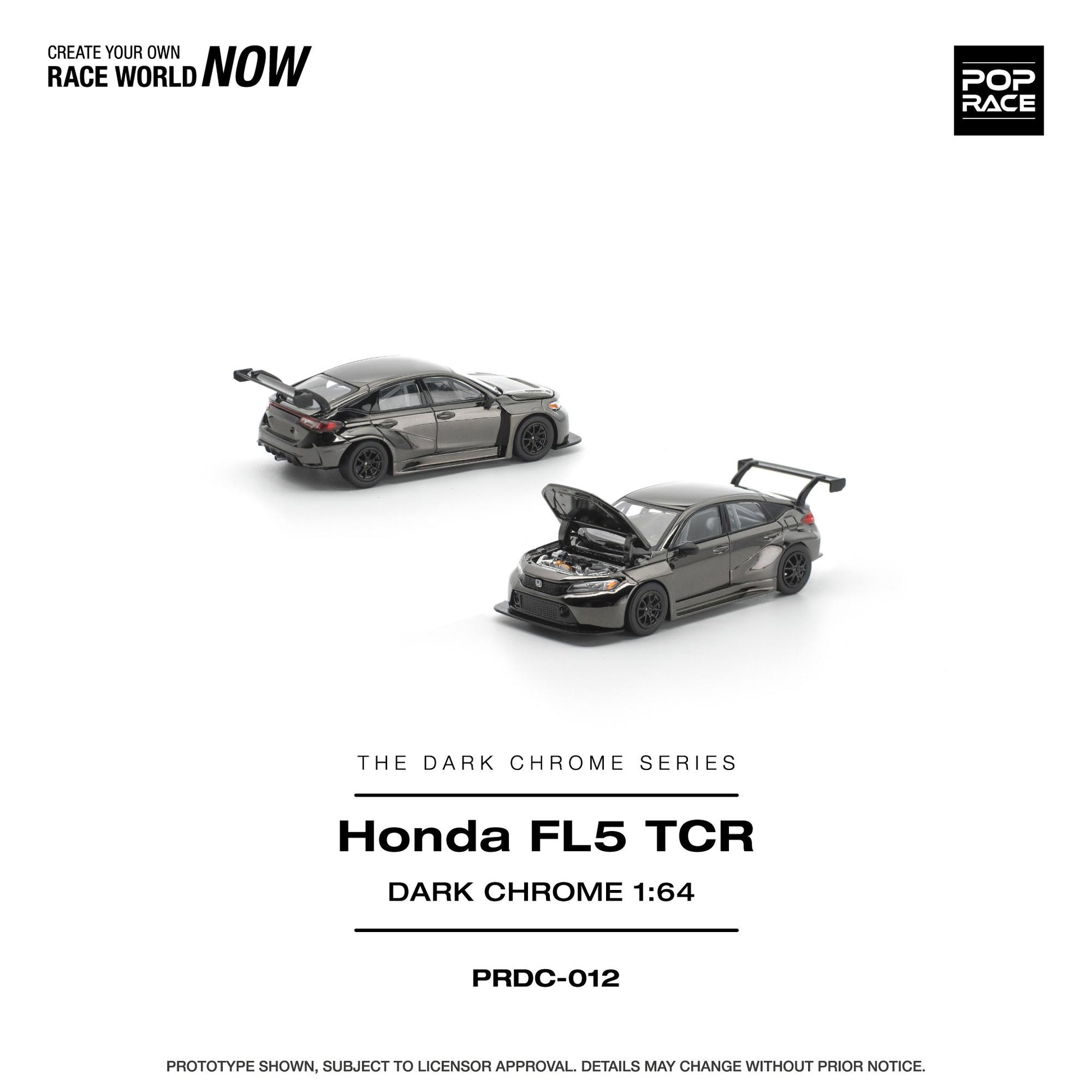 Model car of Honda FL5 TCR in dark chrome finish on a white background with Pop Race branding.