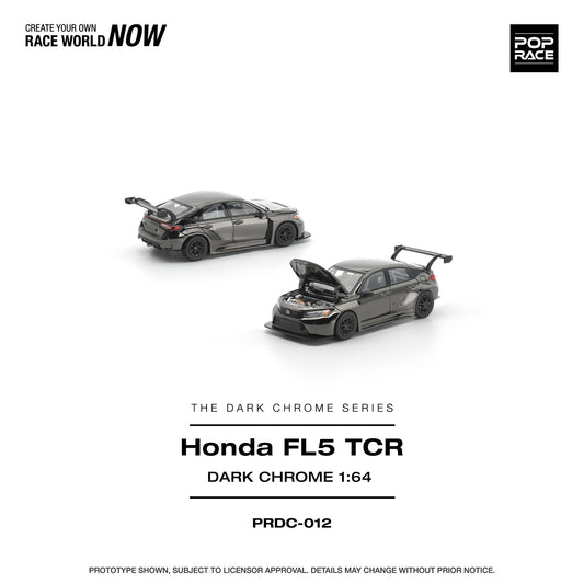 Model car of Honda FL5 TCR in dark chrome finish on a white background with Pop Race branding.