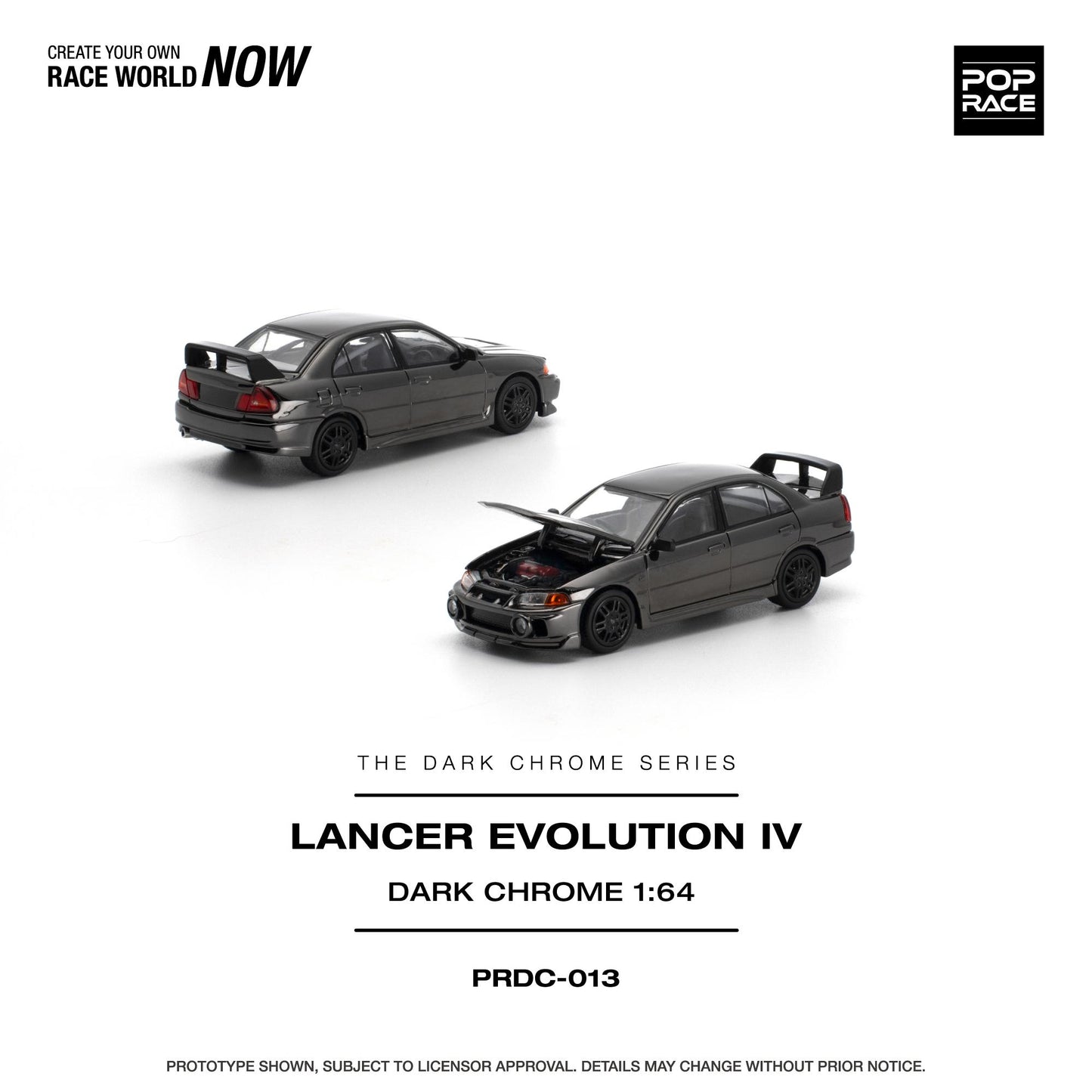 A 1:64 scale model car, showing two views of a dark gray Subaru Lancer Evolution IV diecast model. The top view shows the car from a rear three-quarter angle with its trunk open, and the bottom view shows it from a front three-quarter angle with its hood open.