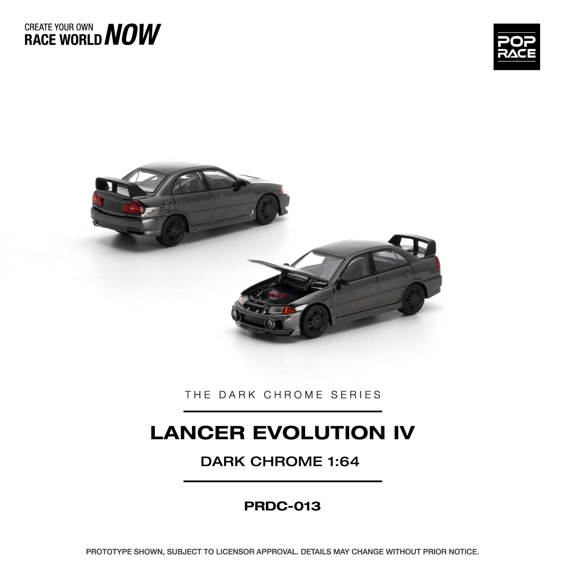 A 1:64 scale model car, showing two views of a dark gray Subaru Lancer Evolution IV diecast model. The top view shows the car from a rear three-quarter angle with its trunk open, and the bottom view shows it from a front three-quarter angle with its hood open.