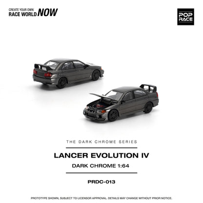 A 1:64 scale model car, showing two views of a dark gray Subaru Lancer Evolution IV diecast model. The top view shows the car from a rear three-quarter angle with its trunk open, and the bottom view shows it from a front three-quarter angle with its hood open.