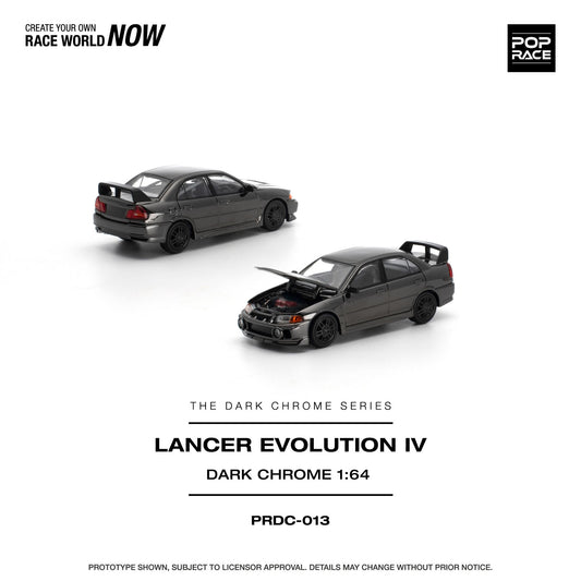 A 1:64 scale model car, showing two views of a dark gray Subaru Lancer Evolution IV diecast model. The top view shows the car from a rear three-quarter angle with its trunk open, and the bottom view shows it from a front three-quarter angle with its hood open.