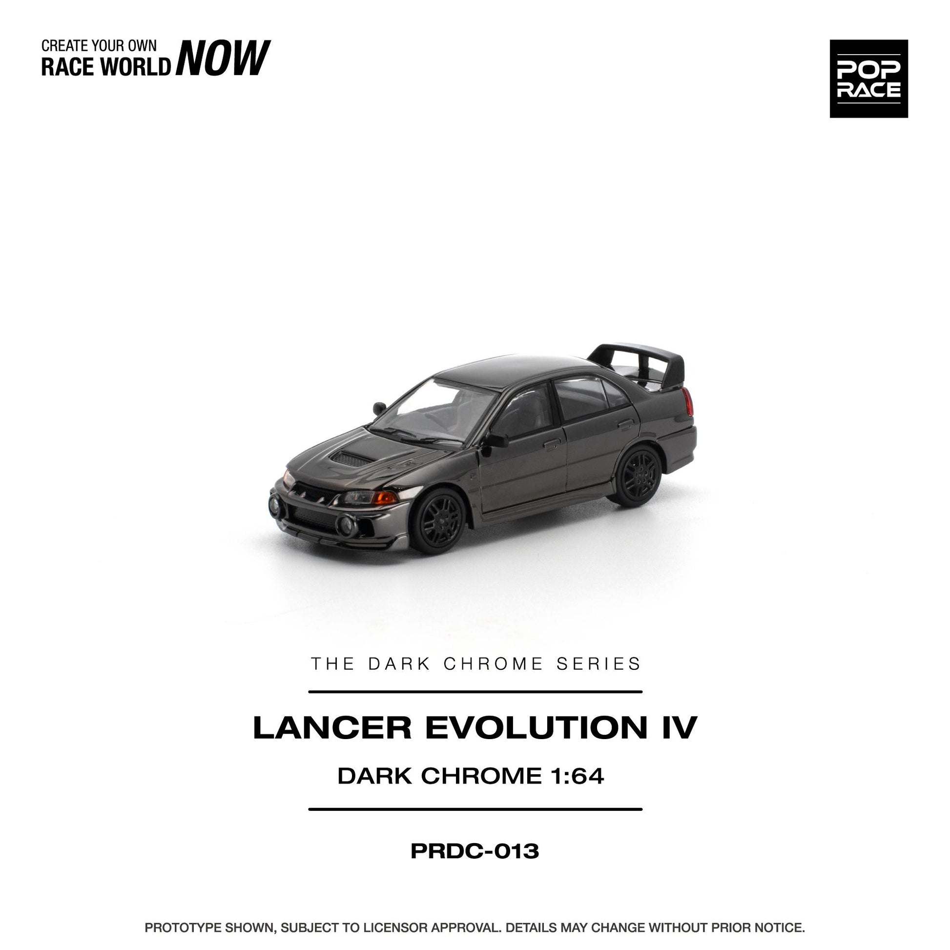 A 1:64 scale model car of the Lancer Evolution IV in 'Dark Chrome' paint, shown on a clean white background with product details and branding text.