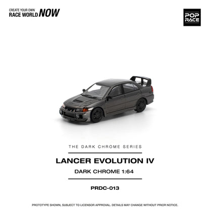 A 1:64 scale model car of the Lancer Evolution IV in 'Dark Chrome' paint, shown on a clean white background with product details and branding text.