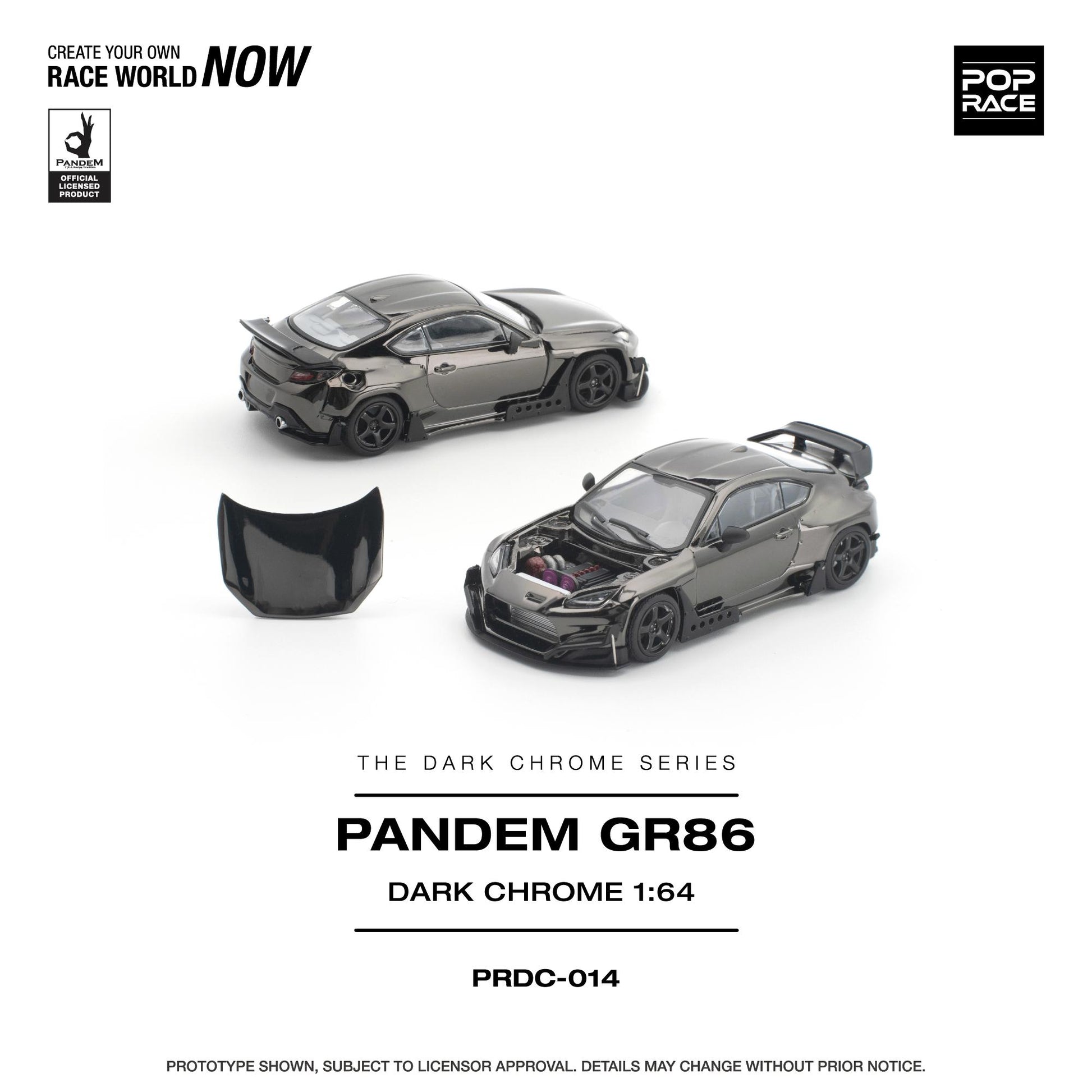 A 1:64 scale model car kit for the Hyundai Demon GR8, shown in 'Dark Chrome' metallic gray. The image displays the assembled car with its hood open, a separate black rear bumper piece, and branding logos for Pop Race and JINGJING on a clean white background.