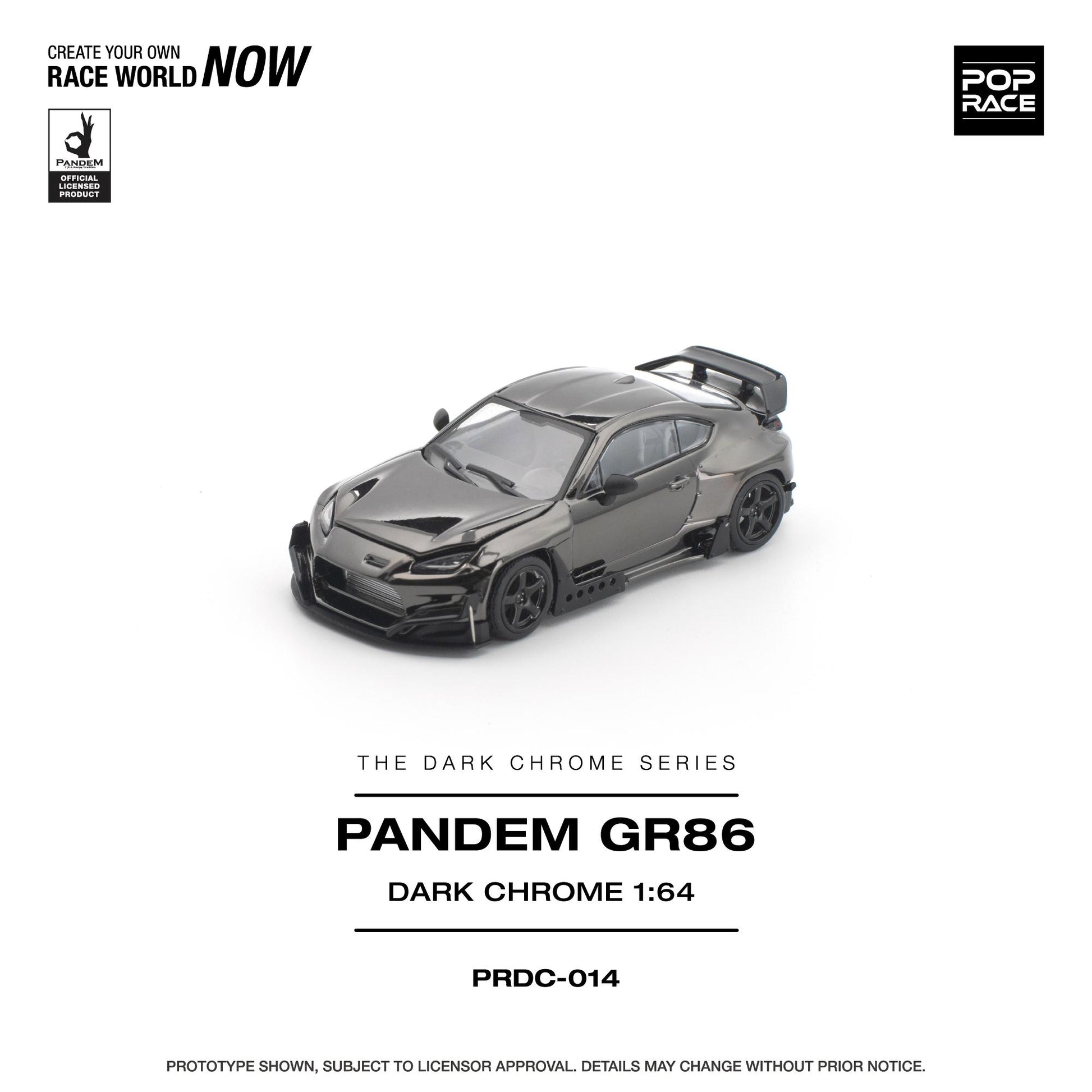 A 1:64 scale model of a dark gray widebody sports car, labeled 'PANDEM GR86', shown on a clean white background with Pop Race branding and product text.