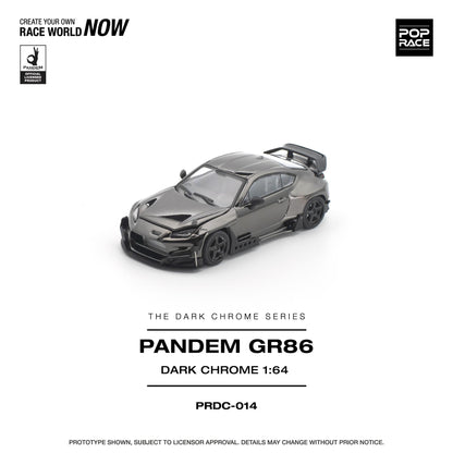 A 1:64 scale model of a dark gray widebody sports car, labeled 'PANDEM GR86', shown on a clean white background with Pop Race branding and product text.