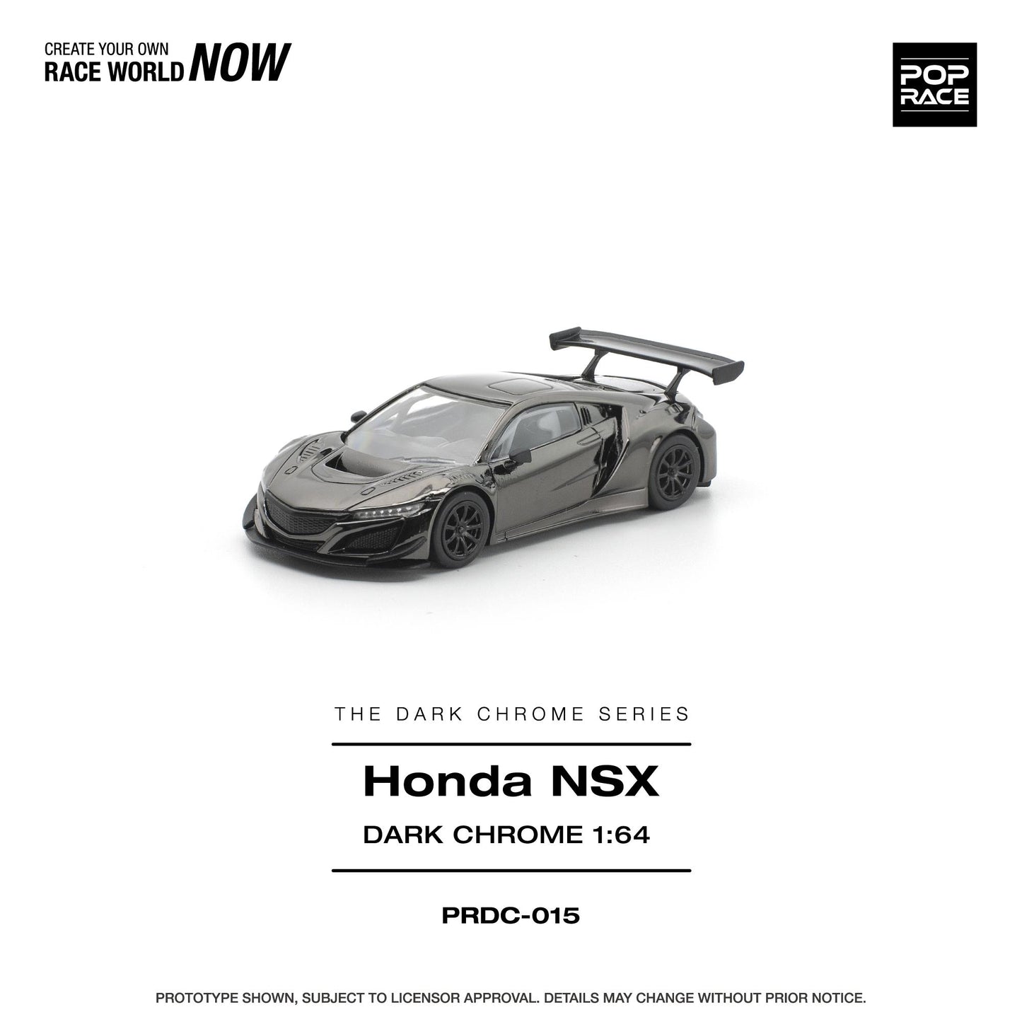 A 1:64 scale model of a dark chrome Honda NSX sports car, shown on a clean white background with product details and branding text.