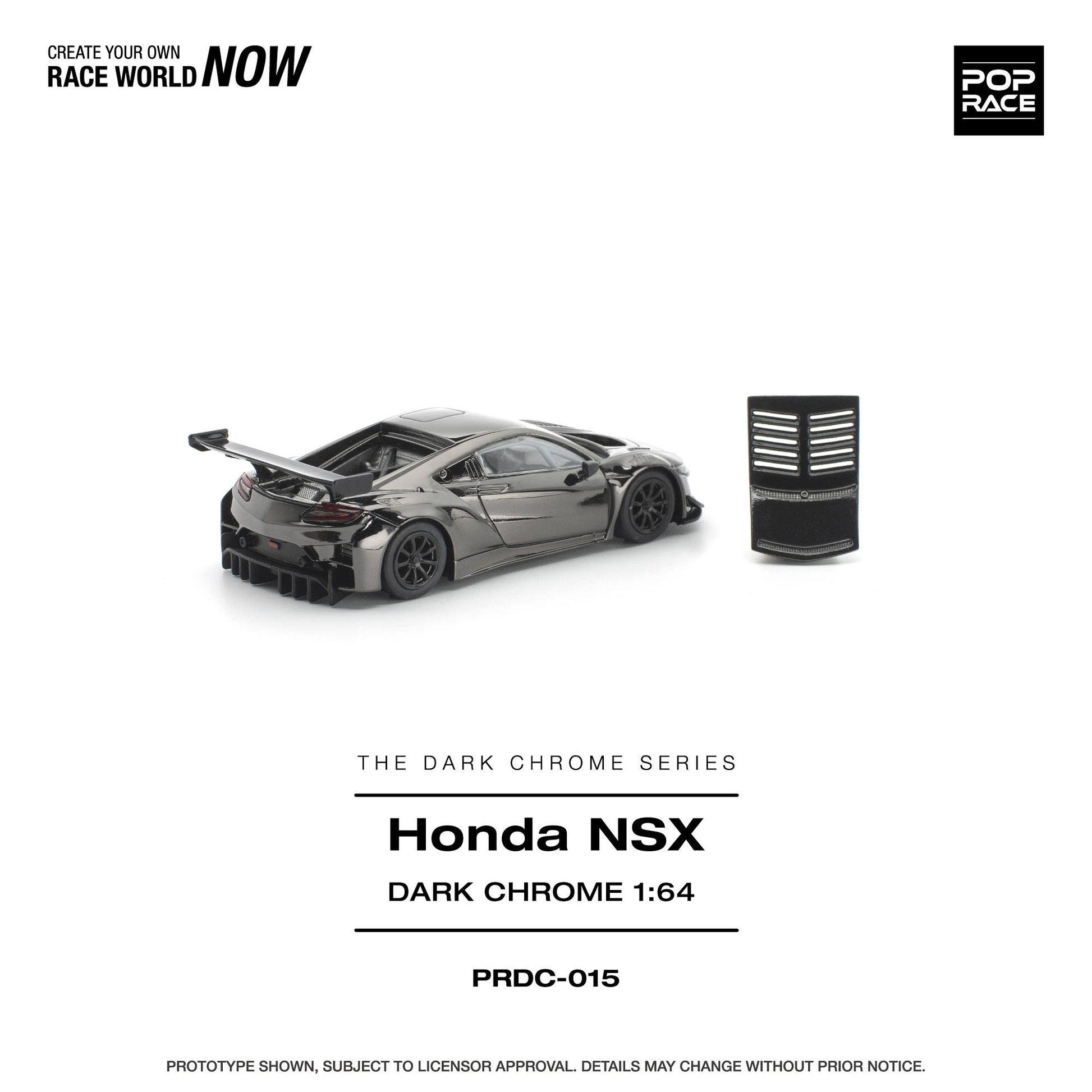 A 1:64 scale model of a dark gray Honda NSX sports car shown from a rear three-quarter angle, alongside a black vented accessory piece, on a clean white background with Pop Race branding and product text.