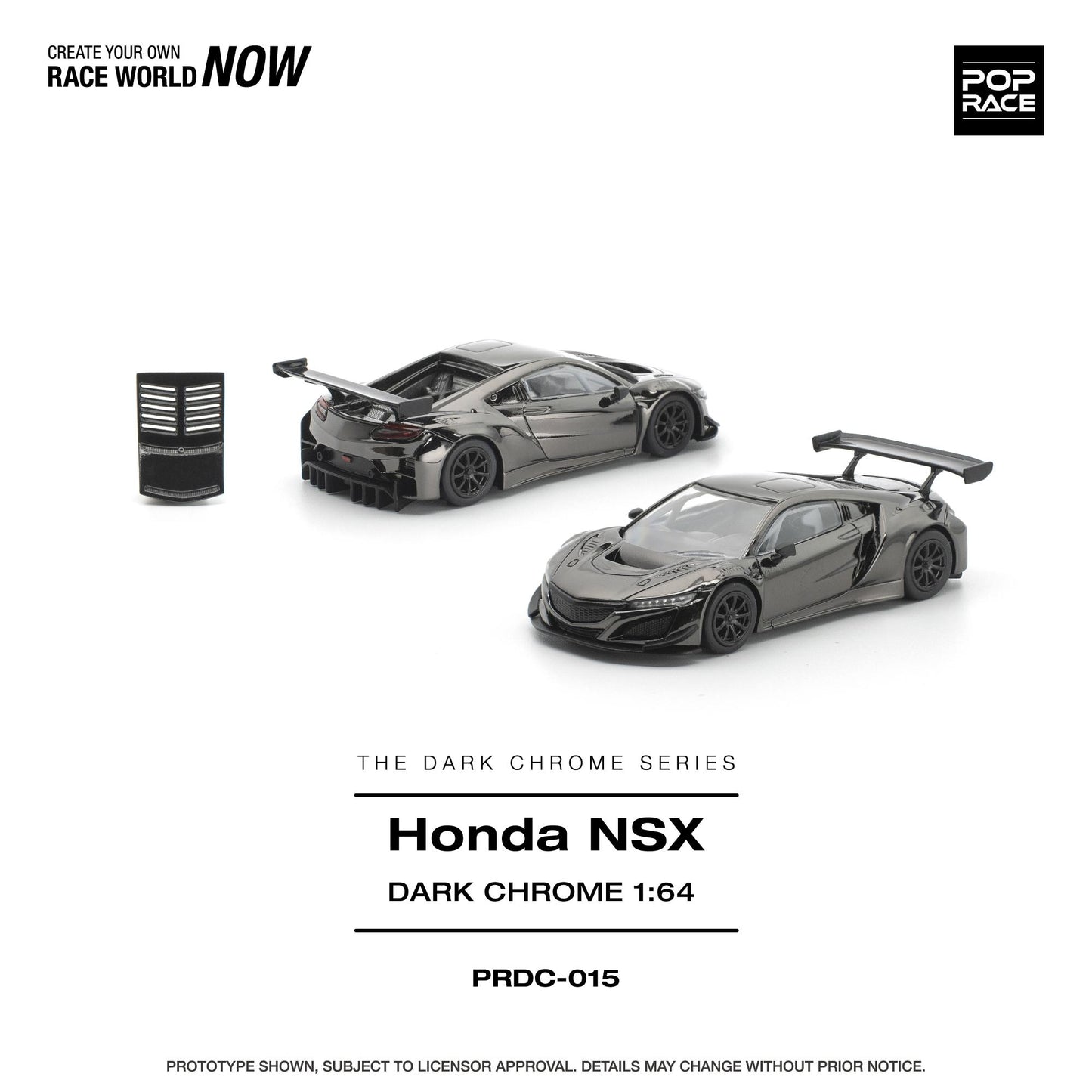 A 1:64 scale model car kit of the Honda NSX in 'Dark Chrome' finish, shown from two angles on a white background with product details and branding.