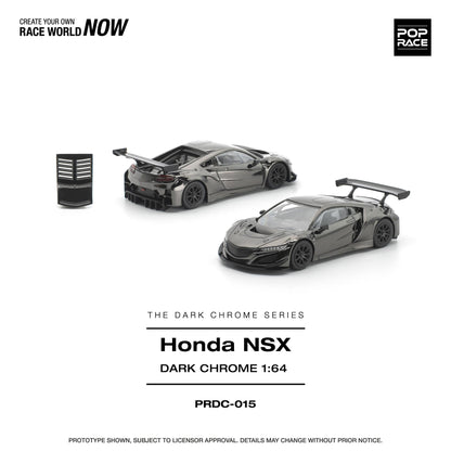 A 1:64 scale model car kit of the Honda NSX in 'Dark Chrome' finish, shown from two angles on a white background with product details and branding.