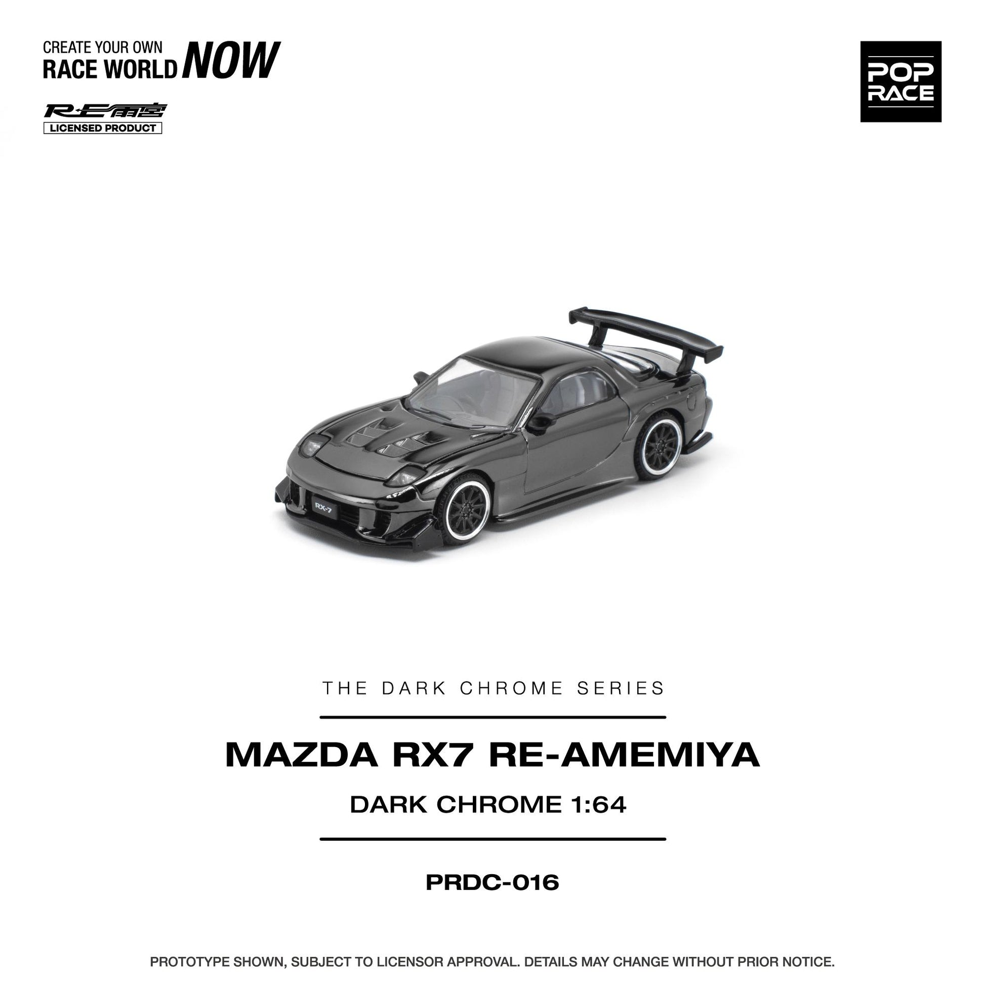 A 1:64 scale model of a dark gray Mazda RX-7 Re-Amemiya car, shown on a clean white background with branding and product text. The image features the 'Pop Race' logo and 'R.