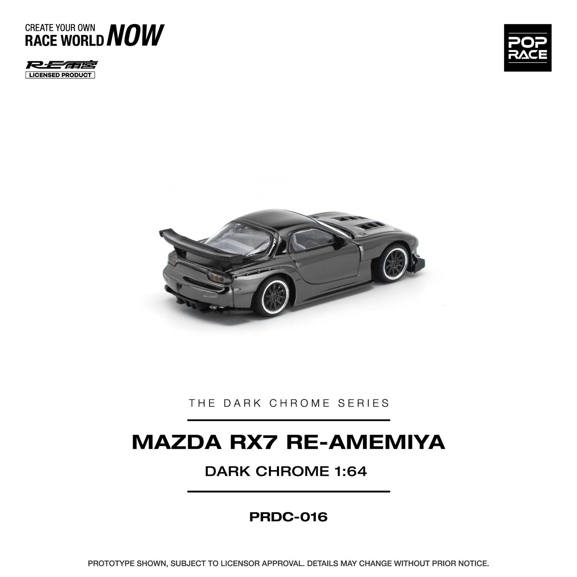 A 1:64 scale model of a dark gray Mazda RX-7 Re-Amemiya diecast toy car, shown on a clean white background with product details and branding text.