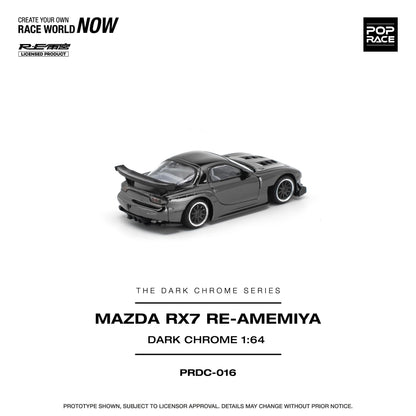 A 1:64 scale model of a dark gray Mazda RX-7 Re-Amemiya diecast toy car, shown on a clean white background with product details and branding text.