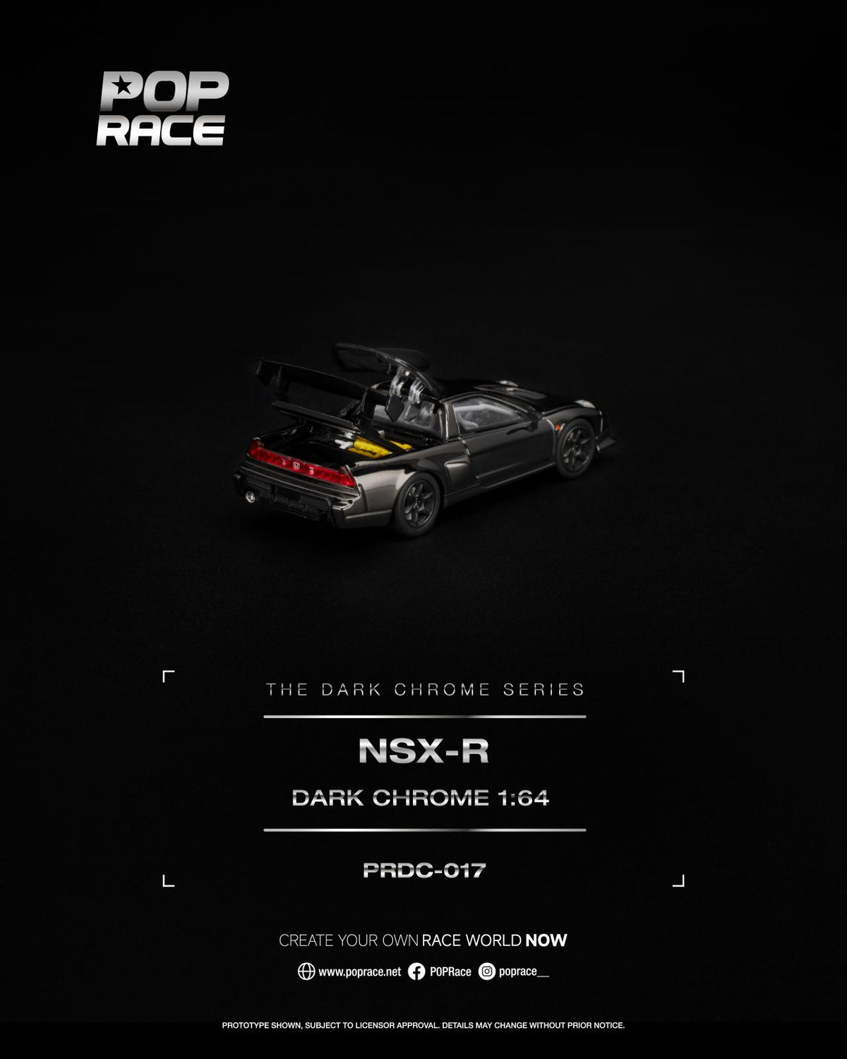 A promotional product image for a 1:64 scale model car from the brand POP RACE, specifically the NSX-R from their Dark Chrome Series. The model is a dark gray sports car with its iconic gull-wing doors open, set against a solid black background with white text detailing the model name and product code.
